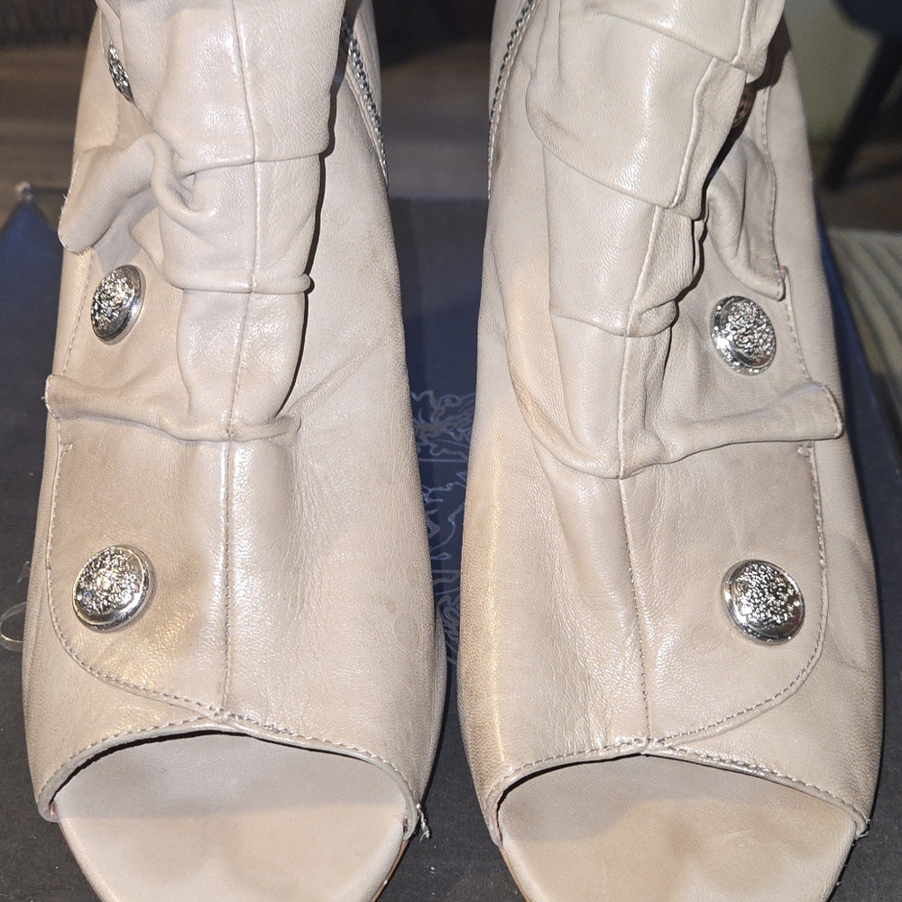 Vince Camuto Cream Peep-Toe Heeled Boots with Silver Buttons
